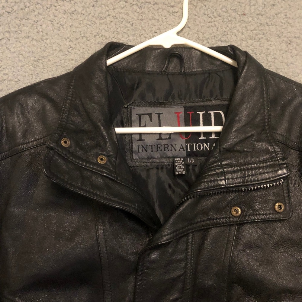 VTG Fluid International Black Leather Bomber Jacket Mens Large Gorpcore Moto